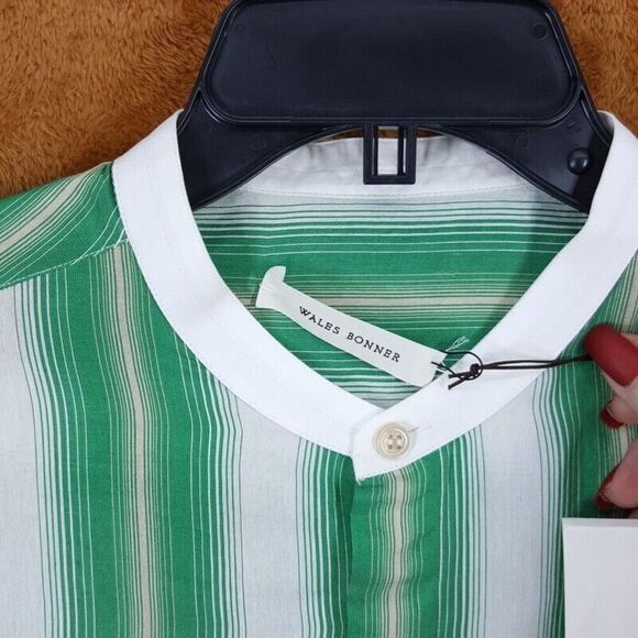 WALES BONNER Shirt Mens Size 46 Green Stripe Button Up CADENCE SILK SHIRT $595 - Picture 3 of 9